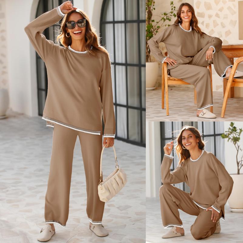 Tanming Women's 2 Piece Sweater Sets Outfits Long Sleeve Knit Pullover Tops Wide Leg Pants Lounge Sets Tracksuits