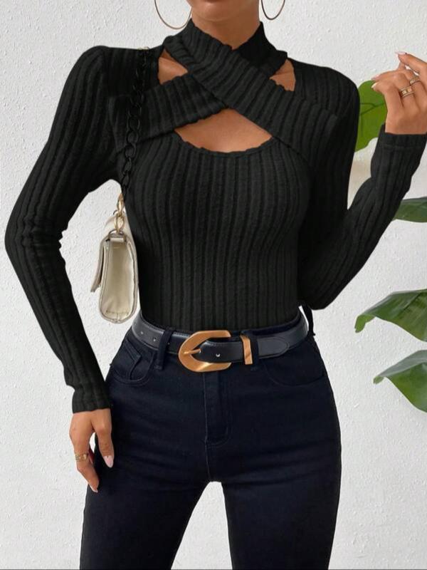 Women's Plain Criss Cross Cut Out Halter Neck Ribbed Tee, Casual Long Sleeve T-shirt for Fall & Winter, Women's Clothing for Daily Wear