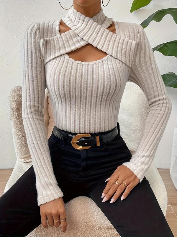 Women's Plain Criss Cross Cut Out Halter Neck Ribbed Tee, Casual Long Sleeve T-shirt for Fall & Winter, Women's Clothing for Daily Wear