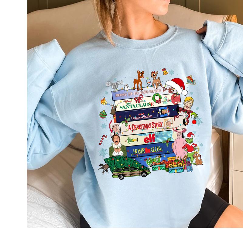 Christmas Movie Sweatshirt, Famous Christmas Movies Sweatshirt, Famous Movies Custom Sweatshirt, Home Alone, The Santa Clause Fabric Womenswear