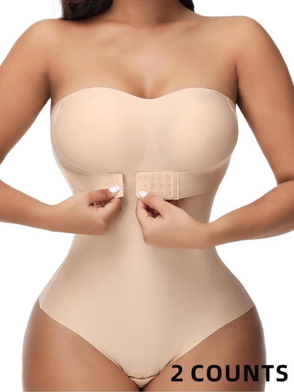 Women's Solid Backless Strapless Hook & Eye Closure Shapewear Bodysuit, High Stretch Tummy Control Shaper, Ladies Shapewear for Daily Wear