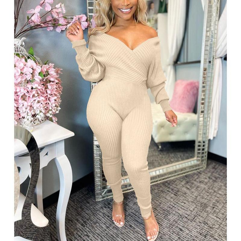 Echoine V Neck Ribbed One Piece Jumpsuit for Women-Plain Long Sleeve Off Shoulder Bodycon Long Romper Fabric Fit Womenswear Check Overalls Comfort Evening Basic