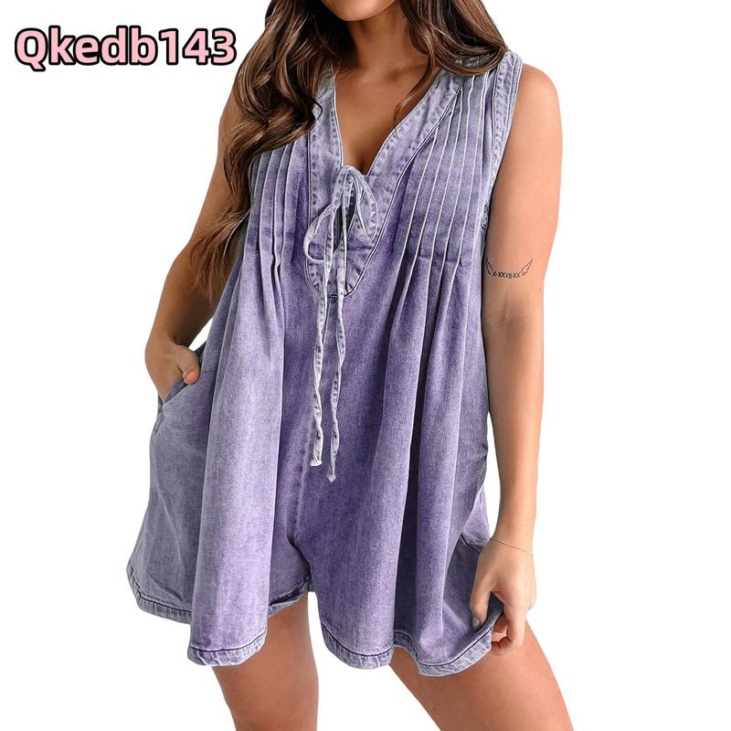 Women's Sleeveless V Neck Shorts Denim Romper Tie Front Ruffle Jean Short Overall With Pocket Jean Romper for Women Sleeveless Front Tie Denim Romper Overall Shorts