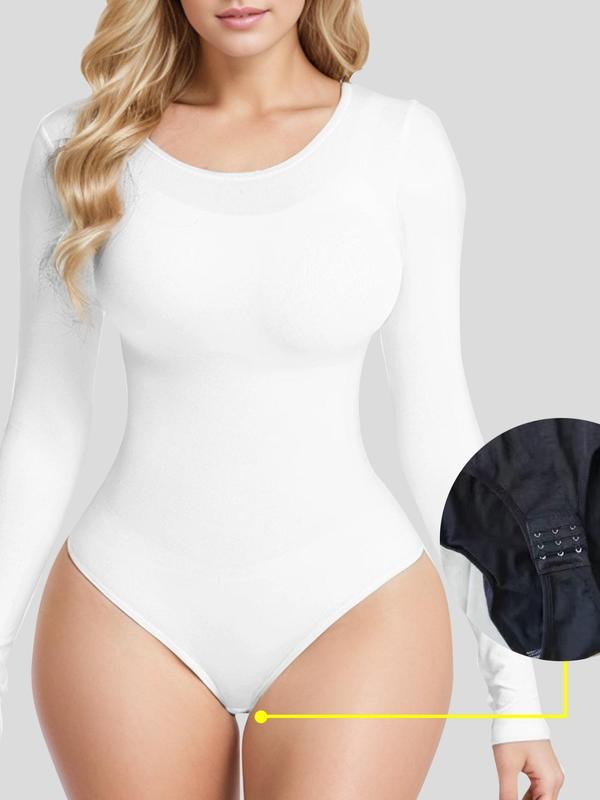 Women's Solid Round Neck Longsleeves Bodysuit, Long Sleeve Minimalist Shapewear, Casual Comfort Tummy Control Shapewear Underwear for Daily Wear