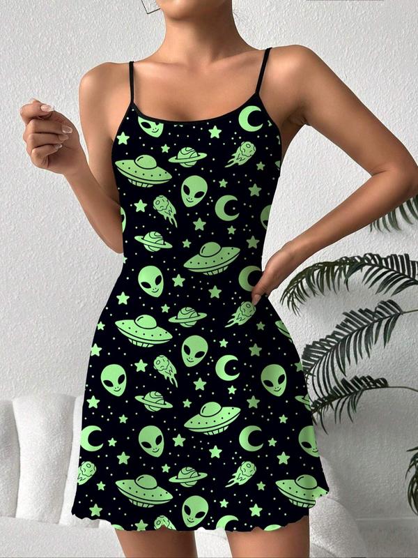 Women's All Over Alien Print Backless Lettuce Trim Cami Nightdress, Elegant Spaghetti Strap Nightgown, Soft Comfy Sleepwear for Women