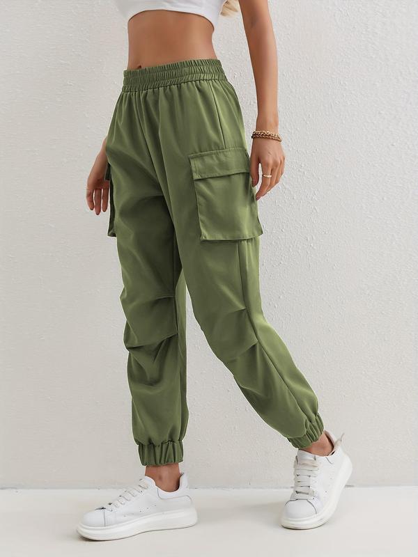 Women's Plain Ruched Flap Pocket Cargo Pants, Casual Elastic Waist Trousers for Fall & Winter, Women's Bottoms for Daily Wear, Pants for Women