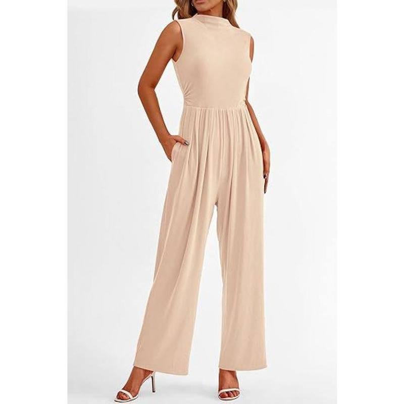 Women's Elegant Summer Jumpsuit Formal Casual One-Piece Sleeveless Ladies Wide Leg One-Piece Pant Belt Pockets