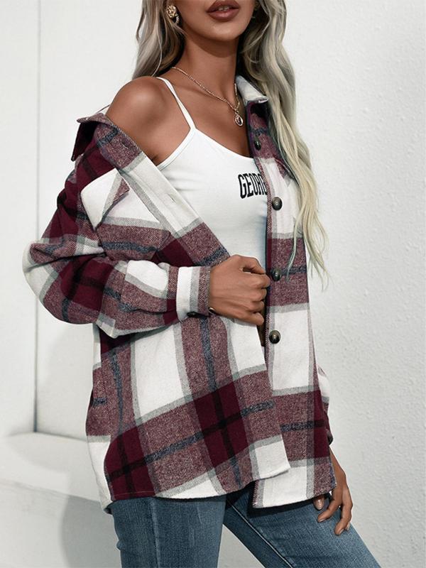 Women's Chic Plaid Print Button Front Pocket Longsleeves Collared Fitted Jacket, Trendy Coats, Womenswear Coats, Winter Clothes Women, Fall Clothes, Lady Comfort Collar Neck Outerwear, Downtown Girl Clothes