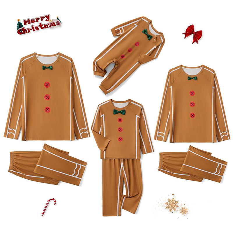 Gingerbread Man Matching Christmas Pajamas For Family, Gingerbread Man Bow Decor Print Tops and Pants Sleepwear Set