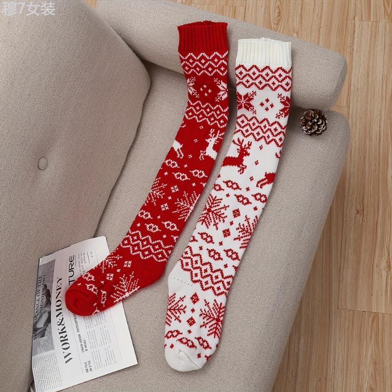 Cozy Christmas Reindeer Over-the-Knee Socks for Women - Elegant Acrylic Knit, Embroidered Detail, Warm & Stylish Winter Stockings Fabric Womenswear