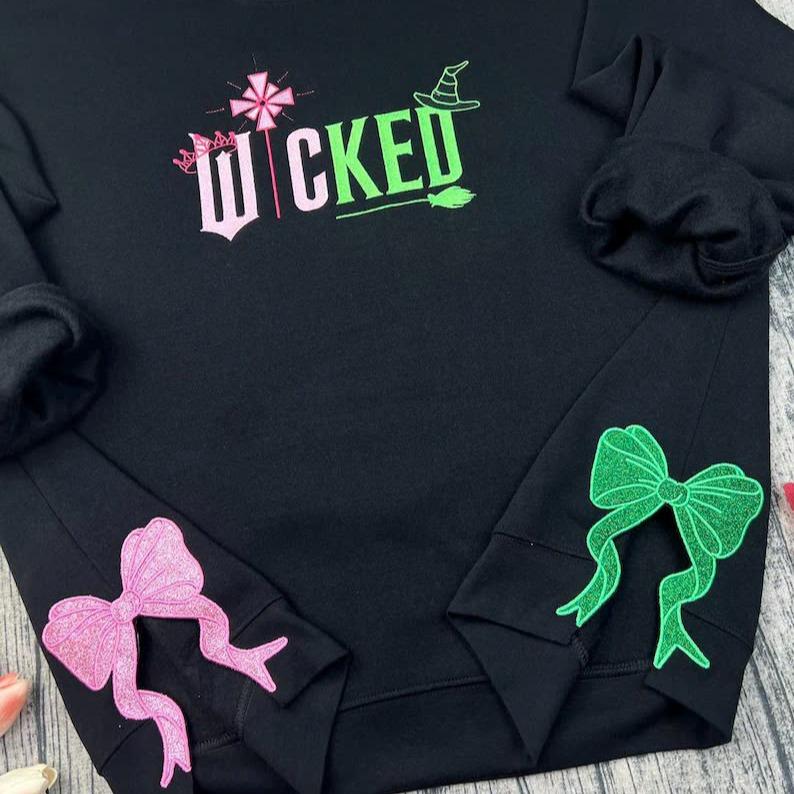 Wicked Defy Gravity Embroidered Sweatshirt, Defy Gravity Embroidered Sweatshirt with Side Bow, Wicked-Inspired Elphaba and Glinda Hoodie