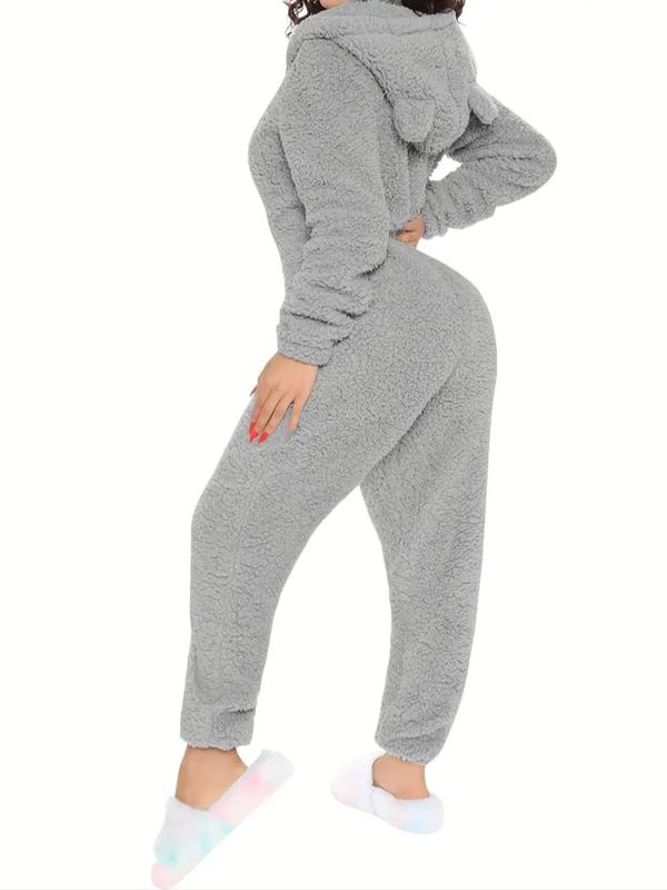 Women's Solid Zip Up Hooded Plush Jumpsuit, Casual Long Sleeve Fuzzy Jumpsuit for Fall & Winter, Women's Sleepwear for Indoor Wear, Fall Clothing