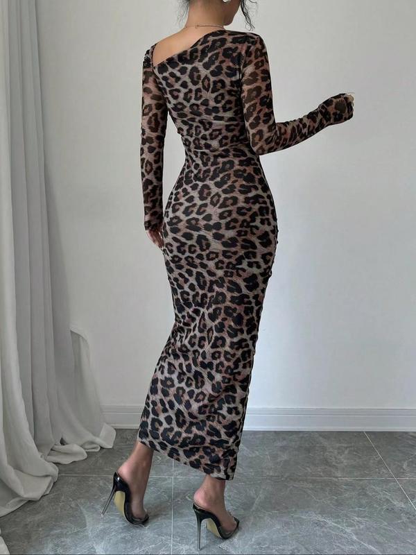 Women's Leopard Print Ruched Drawstring Split Thigh Bodycon Dress, Asymmetrical Neck Long Sleeve Dress for Party Club Dating Wear, Women's Clothing for Summer