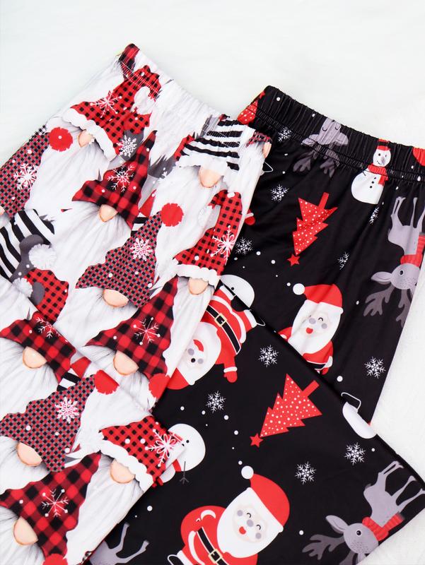 Christmas Gift Red 3 PCS Set Per Pack Girl Women's Soft Drawstring Elastic Waist Loose Cute Cartoon Floral Plaid Knit Causal Long Sleeping Pajamas Trousers PJ Pants Bottom For Fall Comfort Loungewear Nightwear Lady Homewear Casual Pajama Set pants  pyjama