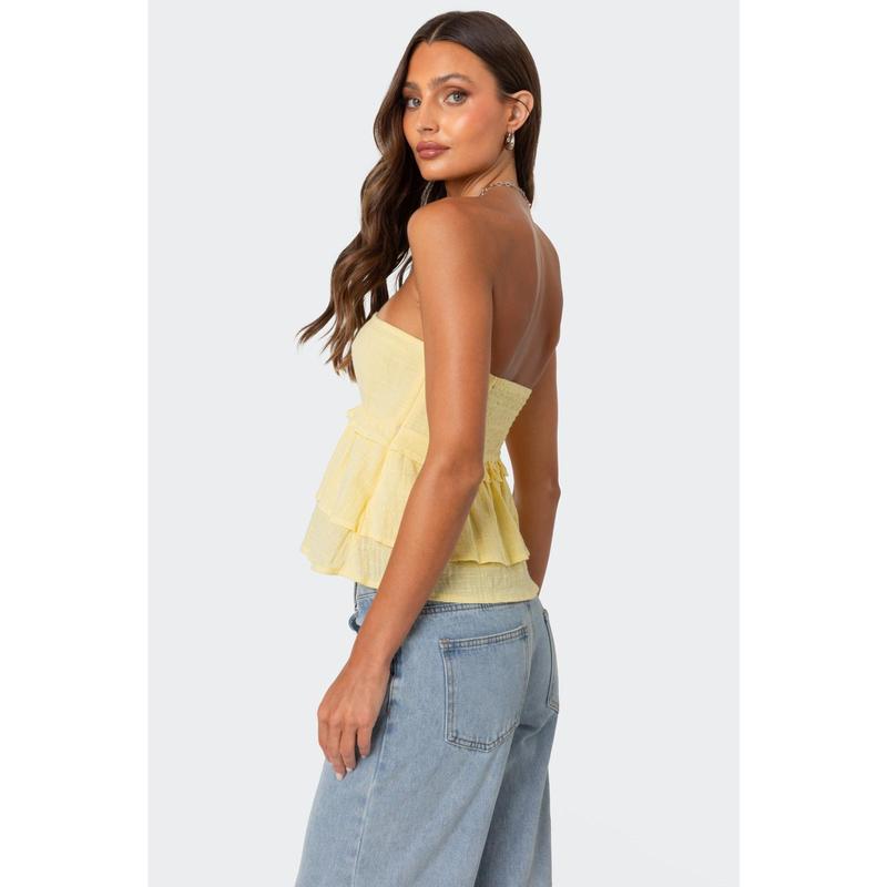 Linen Look Strapless Peplum Top