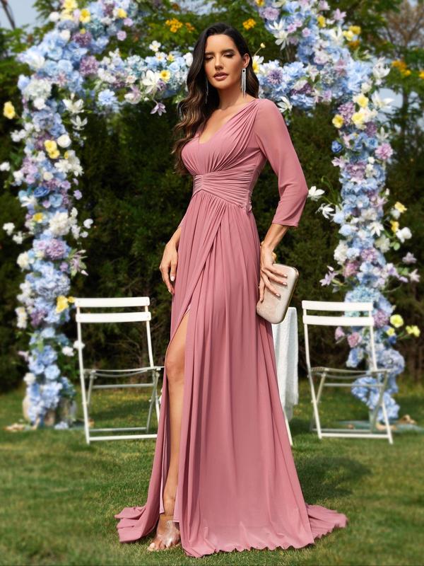 Women's Plain Ruched Split Thigh V Neck Vintage Party Dress, Elegant 3 4 Sleeve A Line Maxi Dress for Party Wedding Guest, Ladies Summer Clothes