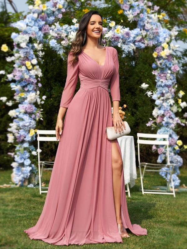 Women's Plain Ruched Split Thigh V Neck Vintage Party Dress, Elegant 3 4 Sleeve A Line Maxi Dress for Party Wedding Guest, Ladies Summer Clothes