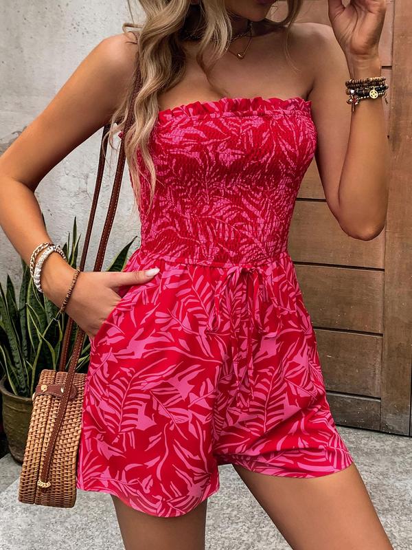 Women's Floral Print Frill Trim Shirred Tube Romper, Boho Knot Detail Pocket Sleeveless Romper for Summer, Playsuits for Women, Romper Jumpsuit for Women, Women's Clothes for Beach Holiday Vacation