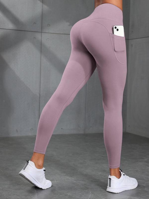 Women's Solid Color High Waist Pocket Leggings, Casual Comfy Breathable Skinny Pants, Ladies Bottoms for All Seasons