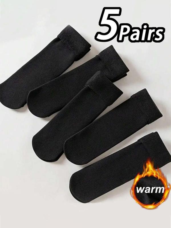 Women's 5 Pairs Solid Fuzzy Crew Socks, Fashion Cozy Warm Mid-calf Socks for Daily Outdoor Wear, Comfort Women Socks for Fall & Winter, Basic Minimalist Womenswear