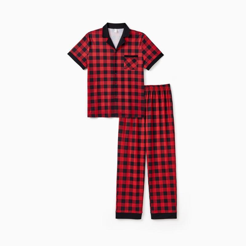 PatPat Christmas Pajamas Short Sleeves Red & Black Plaid Collared Pajamas Sets