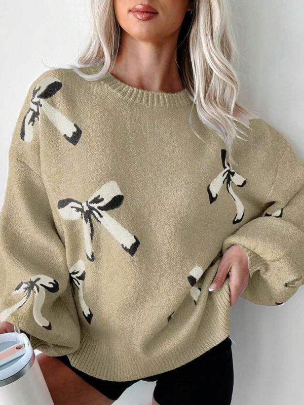 Women's Bow Print Drop Shoulder Sweater, Casual Long Sleeve Round Neck Jumper for Fall & Winter, Cute Sweaters, Fashion Ladies' Knitwear for Daily Wear