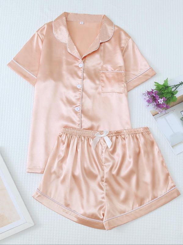 2 Counts Soft Satin Women's Basic Shortsleeve Pyjama Set, Lapel Button Front Shirt & Bow Decor Shorts Pajama Set, Lady Summer Lounge Set, Minimalist Womenswear Basic Comfort Loungewear, Back To School Wear, Please Purchase A Size Up