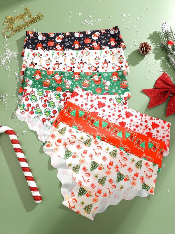 Women's Christmas Print Scallop Trim Panty, Soft Comfy Breathable Seamless Knicker for Daily Wear, Women's Underwear for All Seasons