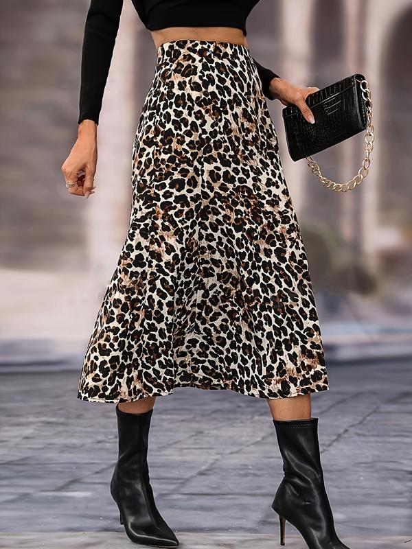 Women's Leopard Print High Waist A Line Skirt, Casual Fashion Midi Skirt for Daily Outdoor Wear, Women's Bottoms for Spring & Fall