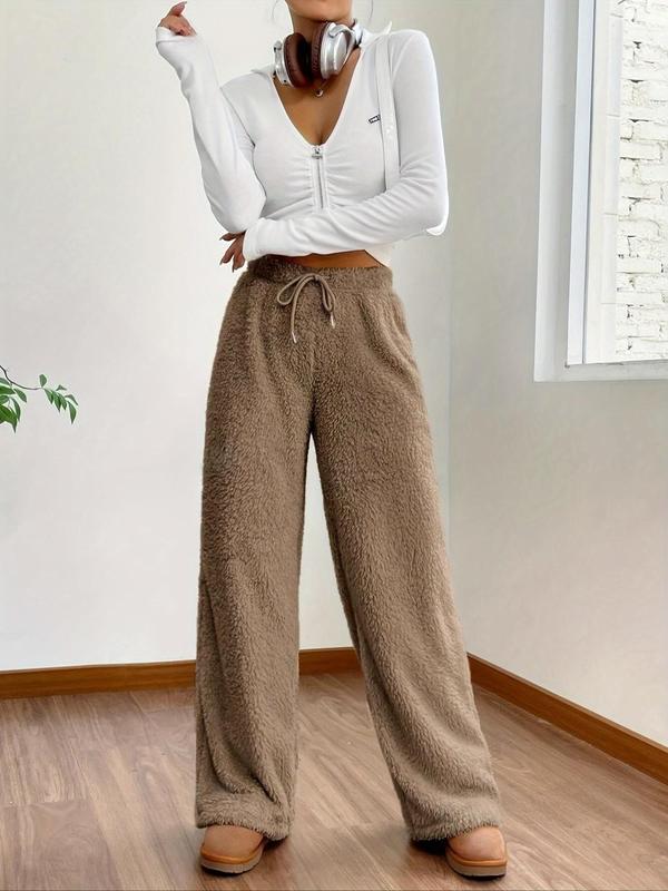 Women's Solid Color Drawstring Waist Wide Leg Pants, Casual Comfy Fuzzy Trousers for Fall & Winter, Women's Bottoms for Daily Wear