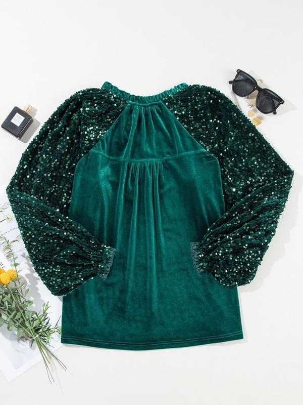 Women's Contrast Sequin Frill Trim Notched Blouse, Elegant Long Sleeve Top for Party Holiday Vacation, Women's Clothing for Fall & Winter