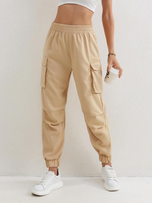 Women's Plain Ruched Flap Pocket Cargo Pants, Casual Elastic Waist Trousers for Fall & Winter, Women's Bottoms for Daily Wear, Pants for Women