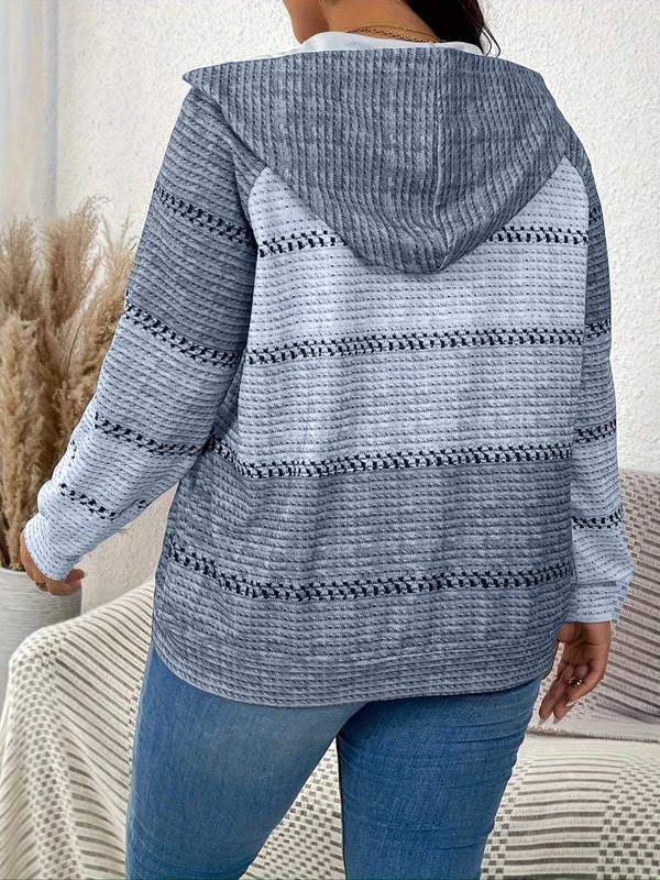 Plus Size Colorblock Zip Up Hooded Jacket, Casual Long Sleeve Outerwear for Fall & Winter, Women's Clothes for Daily Wear