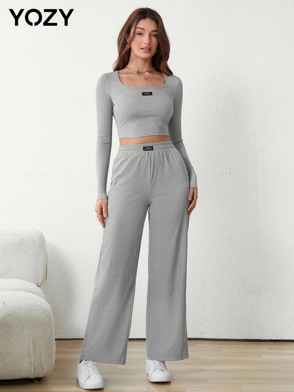 YOZY Christmas Deals, Letter Patched Crop Tee & Elastic Waist Pants Set  Casual Fashion Square Neck Long Sleeve T-Shirt & Trousers, Christmas 2024 Trend, Fall & Winter Outfits