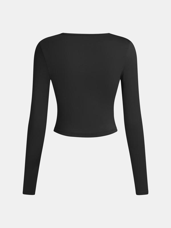 YOZY 1 2 Counts Women's Plain Square Neck Long Sleeve Crop Tee, Casual Solid T-Shirt for Spring & Fall, Fall Tops, Women's Top for Daily Wear