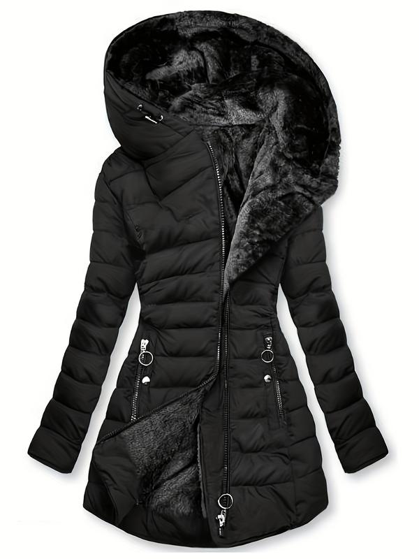 Warm Faux Fur Lined Zip-up Hoodie Puffy Coat, Long Sleeve Casual Winter Coat for Women