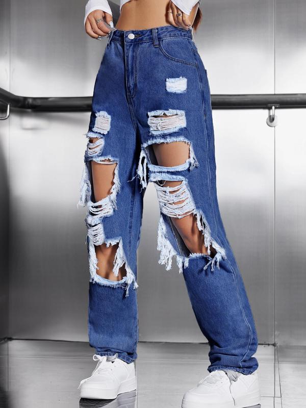 Women's High Waist Ripped Baggy Jeans, Fashion Casual Distressed Straight Leg Denim Pants, Destroyed Hole Jeans, Lady Summer Bottoms for Daily Wear Streetwear