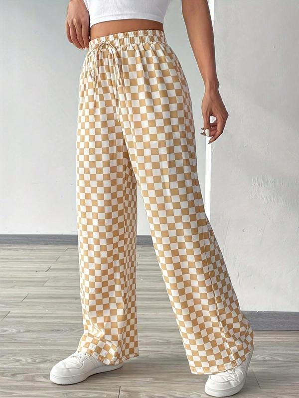 Women's Checkerboard Print Drawstring Waist Pants, Casual Elastic Waist Pocket Trousers for Fall & Winter, Women's Bottoms for Daily Wear Downtown Girl Clothes, Downtown Girl Clothes