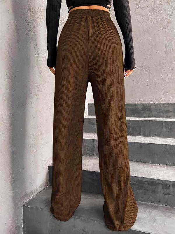 Women's Solid Textured Tie Front Wide Leg Pants, Casual Comfy Ribbed Trousers for Spring & Fall, Women's Bottoms for Daily Wear