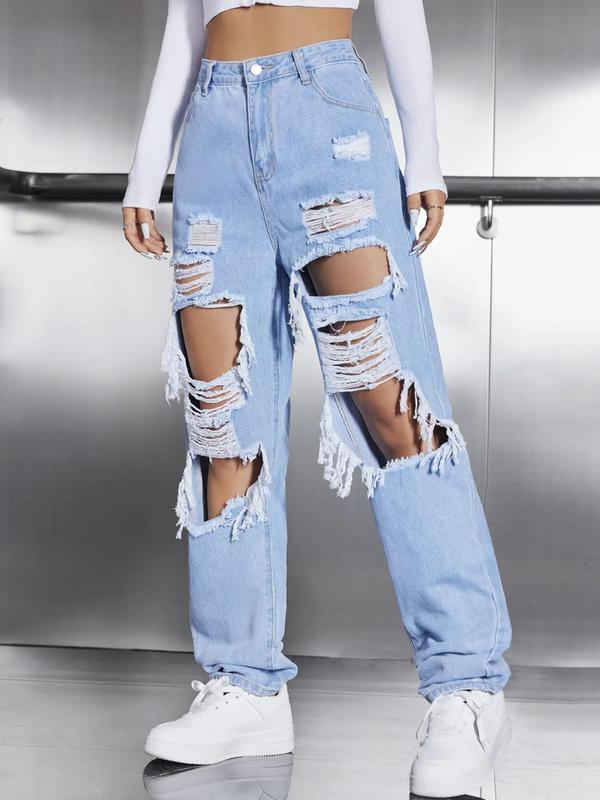 Women's High Waist Ripped Baggy Jeans, Fashion Casual Distressed Straight Leg Denim Pants, Destroyed Hole Jeans, Lady Summer Bottoms for Daily Wear Streetwear