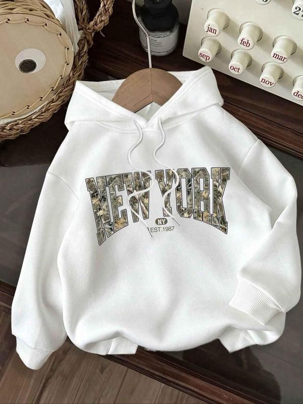 Women's Letter Print Drop Shoulder Hoodie, Fashion Casual Drawstring Kangaroo Pocket Hooded Sweatshirt for Daily Holiday Outdoor Wear, Women Clothing for Winter