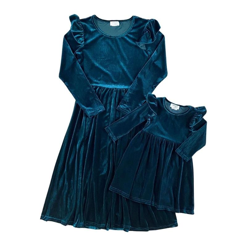 Mom and Me - Dark Green Velvet Ruffle Shoulder Dress