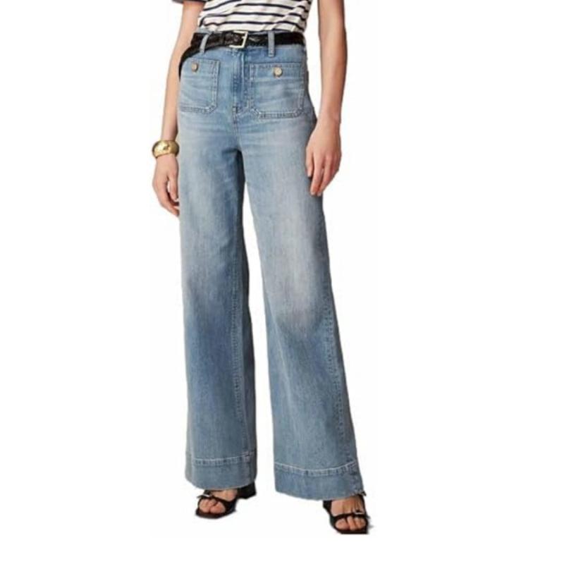 Tummy Control Sailor Wide Leg Trouser, Chiccurva Jeans, Wide Leg Cropped Denim Pants with Pocket