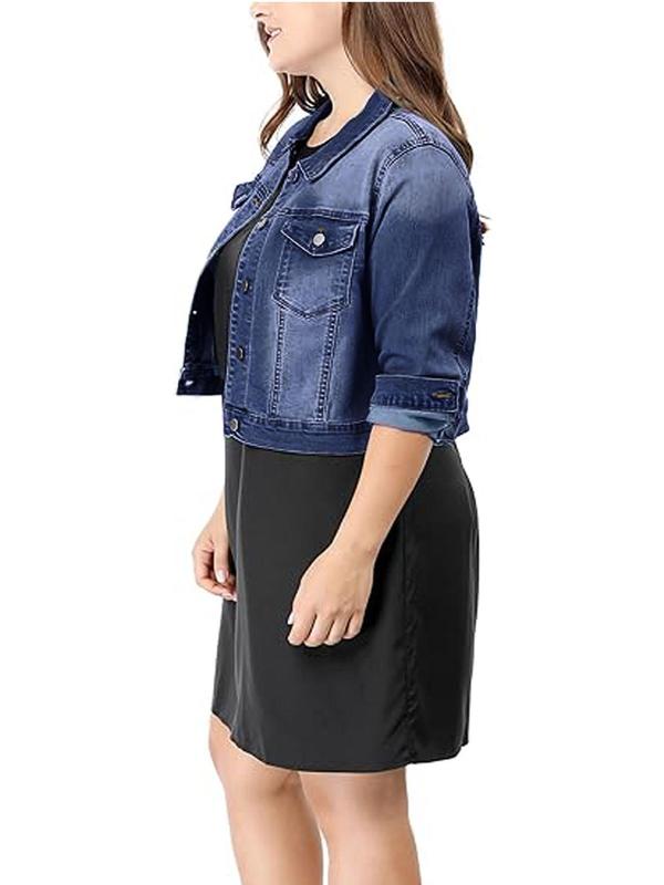 Plus Size Faded Button Front Pocket Denim Jacket, Casual Tops, Long Sleeve Collared Outerwear, Women's Plus Size Clothing for Daily Wear, Fall Outfits, Fallfreshness, Winter Clothes Women