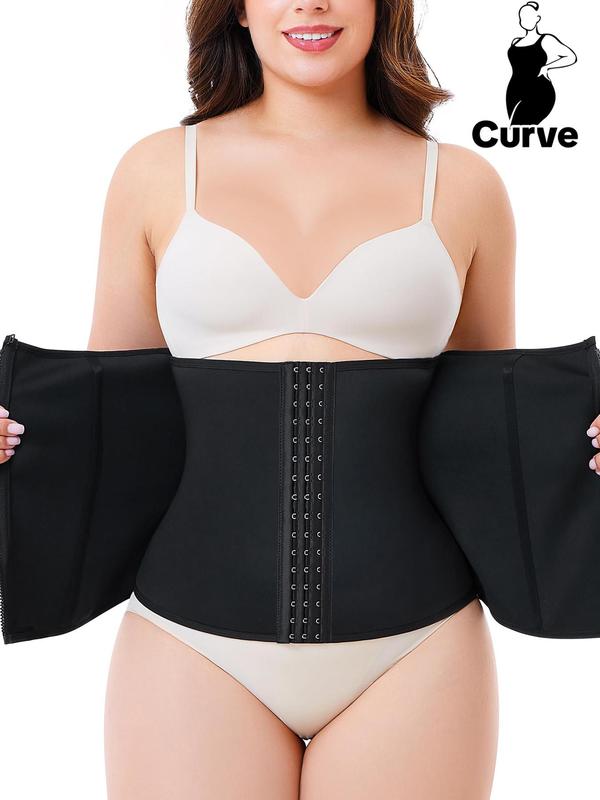 Women's Plus Size Adjustable Hook & Eye Waist Trainer with Flexible Steel Bones Design, Zipper Solid Color High Waist Shapewear, Tummy Control Shaper for Women