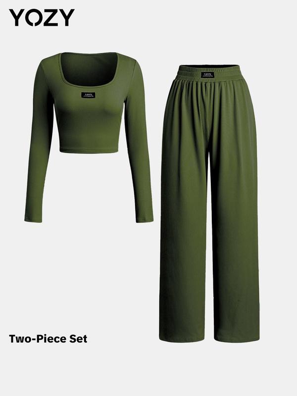 YOZY Christmas Deals, Letter Patched Crop Tee & Elastic Waist Pants Set  Casual Fashion Square Neck Long Sleeve T-Shirt & Trousers, Christmas 2024 Trend, Fall & Winter Outfits