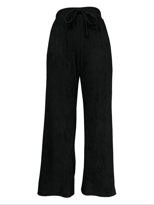 Women's Solid Textured Tie Front Wide Leg Pants, Casual Comfy Ribbed Trousers for Spring & Fall, Women's Bottoms for Daily Wear