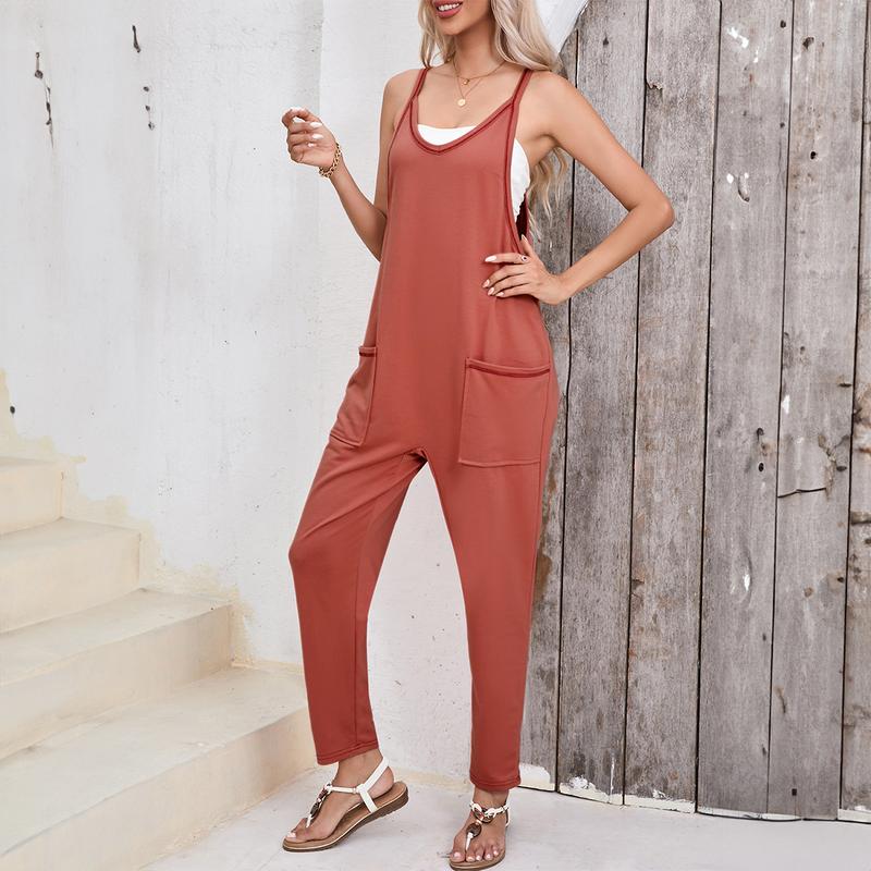 Women's Black Side Pocket Sleeveless Harem Casual Jumpsuit.