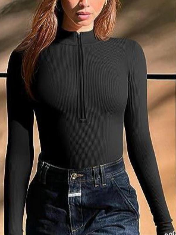  Solid Zip Up Mock Neck Bodysuit, Casual Long Sleeve Bodysuit for Daily Wear, Women's Clothing for All Seasons