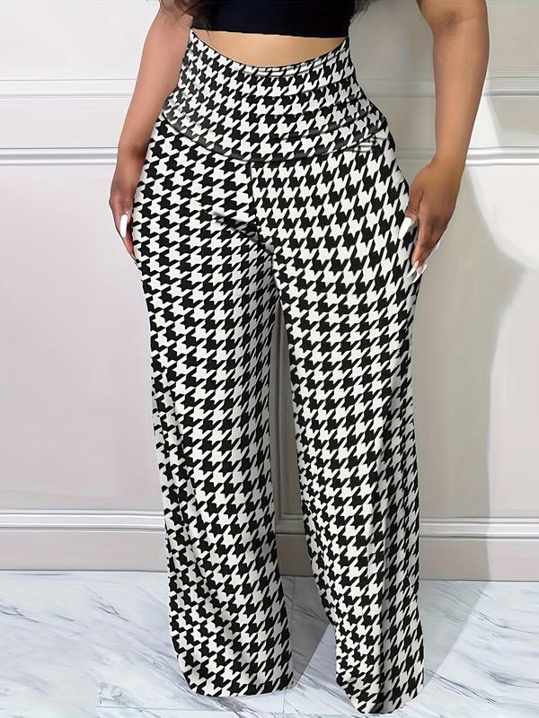 Plus Size Houndstooth Print High Waist Wide Leg Vintage Pants, Plus Casual Printed High Rise Trousers for Women, Women's Plus Bottoms for Spring & Fall